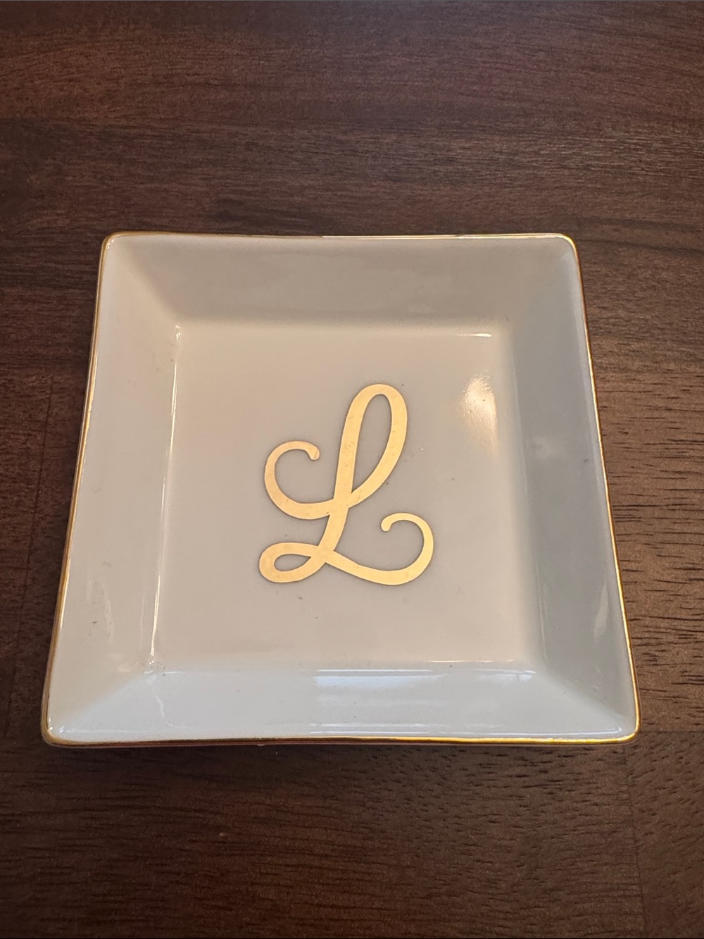 White Ceramic Trinket Dish with Gold 'L' Accent and Gold Trim